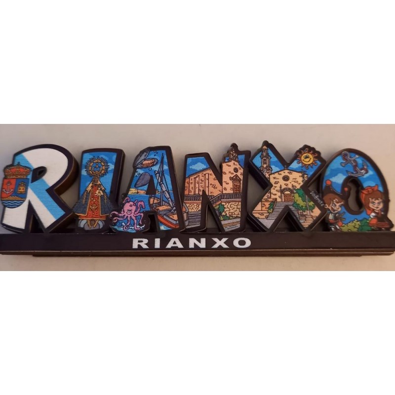 Imán recuerdo de Rianxo letras intercaladas madera