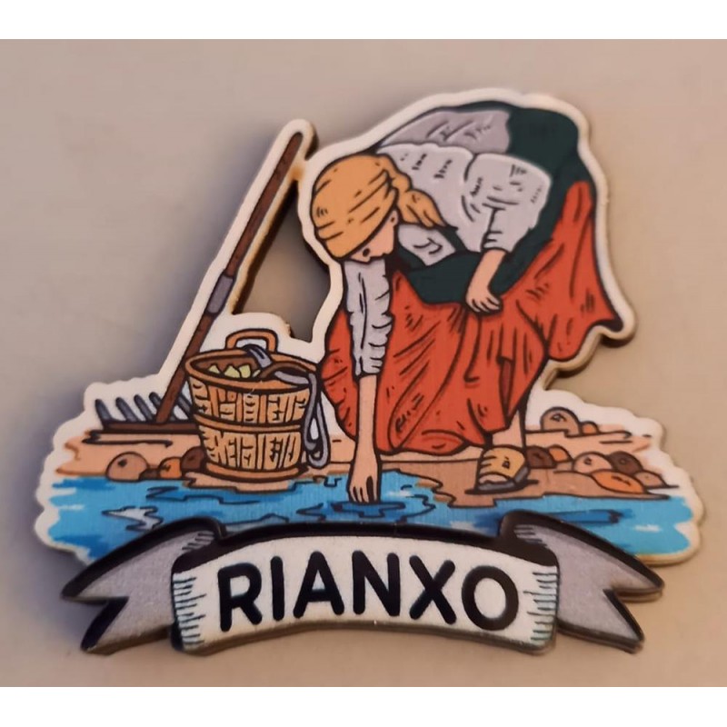 Imán recuerdo de Rianxo mariscadora madera