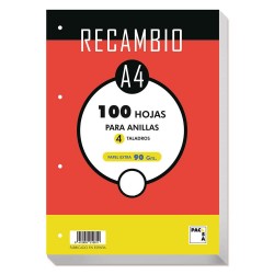 Recambio a4 liso 100 hojas 4 taladros