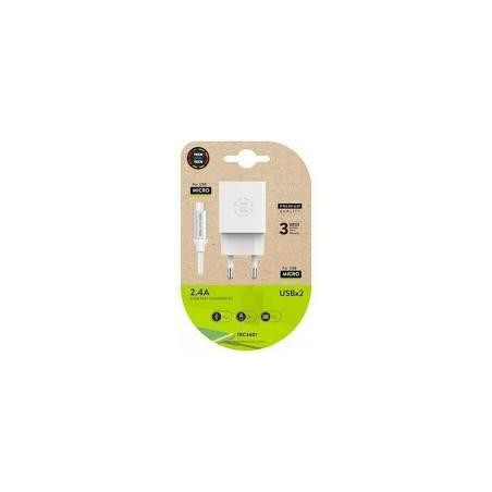 Cargador doble tech blanco 1 metro 2.4A usb-micro