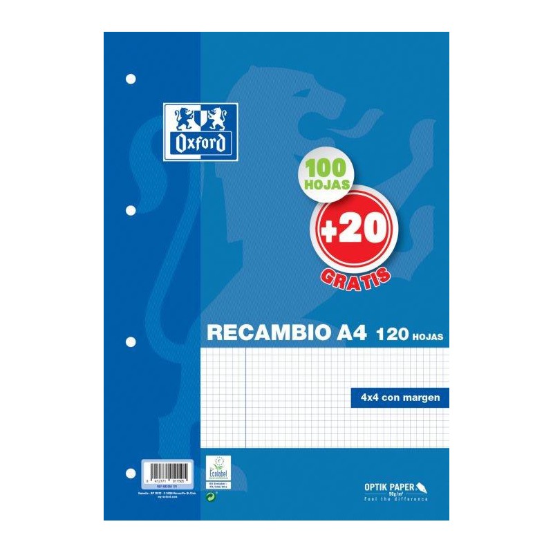 Recambio oxford A4 cuadriculado 100 20 hojas 4 tal