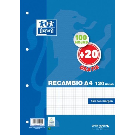 Recambio oxford A4 cuadriculado 100 20 hojas 4 tal